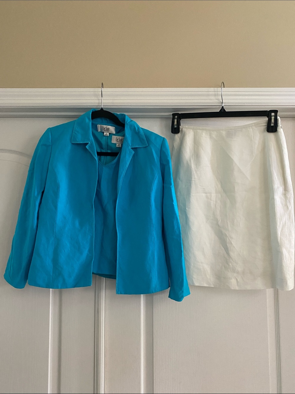 Le Suit Turquoise Blue Jacket with White skirt - linen